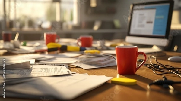 Obraz Busy office workspace with scattered papers computer monitor coffee mug and office supplies du daytime