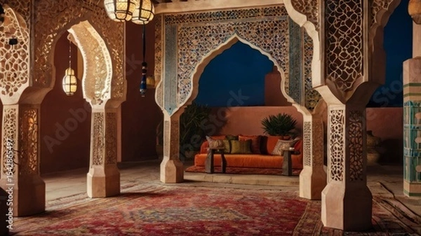 Fototapeta Moroccan archway stage with decorative lanterns.