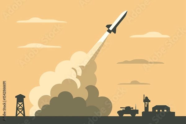 Obraz Rocket Launching with Smoke and Military Base Silhouettes in the Sky