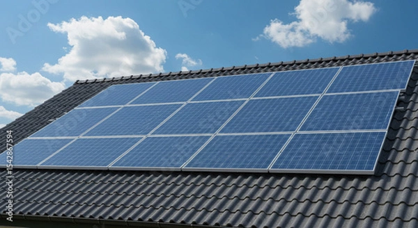 Fototapeta 太陽光パネルと青空のある住宅屋根