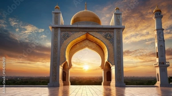 Fototapeta Mosque door arch with landscape view and sunset scene background.