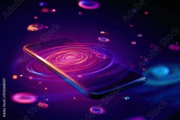 Fototapeta A cell phone is floating in a sea of colorful bubbles