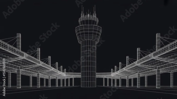 Obraz Detailed Wireframe Airport Control Tower and Terminal Structure Design