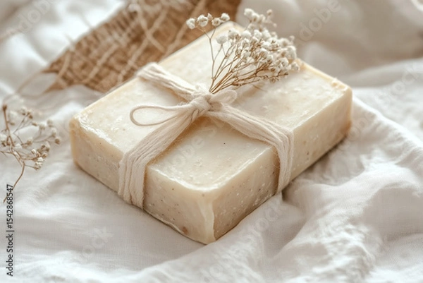 Fototapeta Hand-tied linen cloth wrapping around artisanal soap, rustic cottagecore aesthetic, delicate details, white background