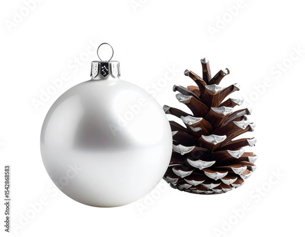 Obraz White and silver ornament with a pine cone and a silver ball