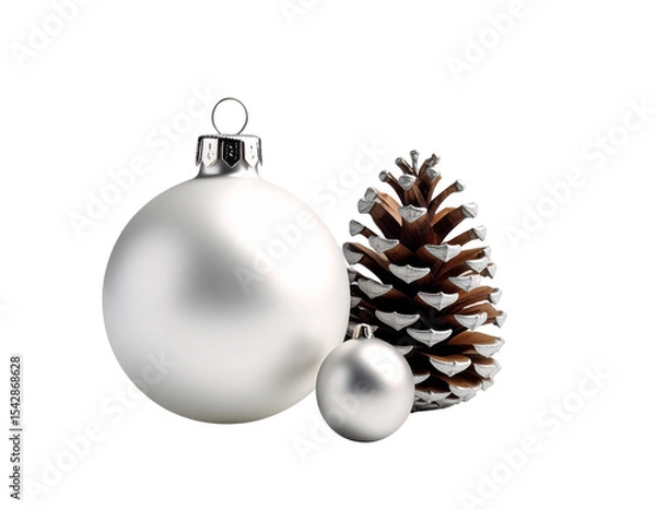 Obraz White and silver ornament with a pine cone and a silver ball