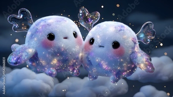 Obraz dreamy kawaii animals floating, kawaii pet expressions on floating clouds with sparkly cheeks, kawaii pet expressions dreamy wings, kawaii pet expressions surreal animals, 