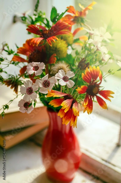 Fototapeta Bright bouquet of flowers on the window in a red vase in the rays of the sun