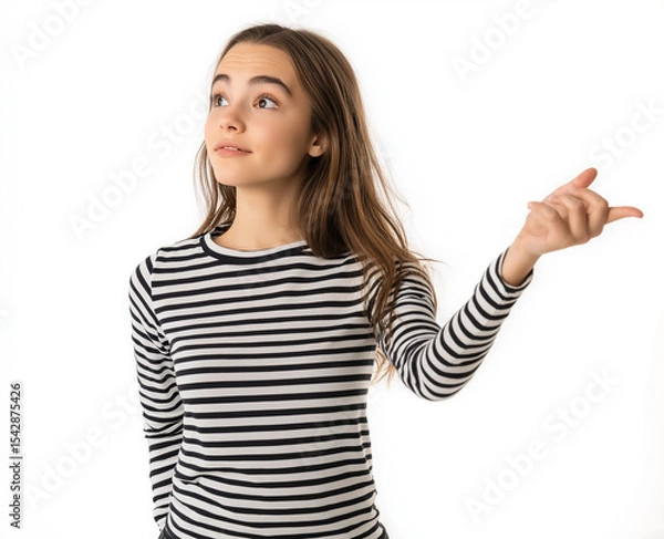 Fototapeta Smiling Woman in Striped Shirt Pointing Up – Studio Portrait with White Background, Perfect for Advertising, Branding, or Marketing Campaigns