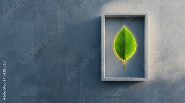 Fototapeta A vibrant green leaf is framed and illuminated, contrasting against a textured gray wall, symbolizing nature and life within a minimalist setting.