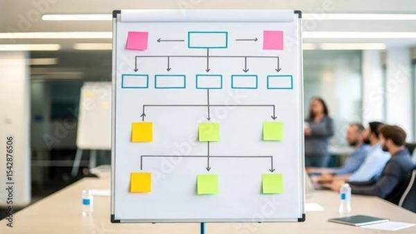 Fototapeta A whiteboard with a flowchart using colorful sticky notes is shown during a business meeting in a modern office setting.