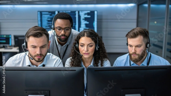 Fototapeta Four professionals with headsets focus intently on computer screens in a modern control room with digital displays in the background.