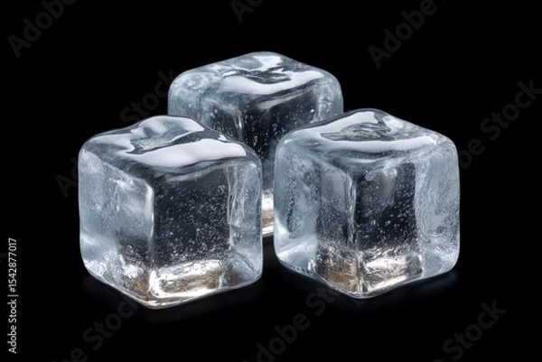 Fototapeta Three clear ice cubes are arranged on a black surface reflecting light
