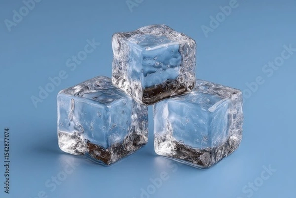 Fototapeta Three ice cubes are stacked on a light blue surface creating a cool refreshing visual