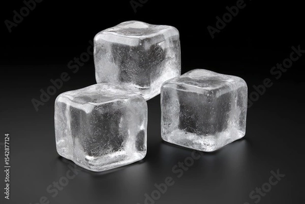 Fototapeta Three ice cubes sit against a dark background their surfaces shimmering