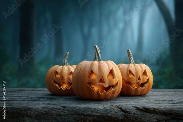 Fototapeta Three jackolanterns sit on a wooden surface lit from within against a dark misty forest backdrop