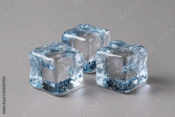 Fototapeta Three ice cubes sit on a gray surface exhibiting irregular shapes and textured surfaces casting subtle shadows