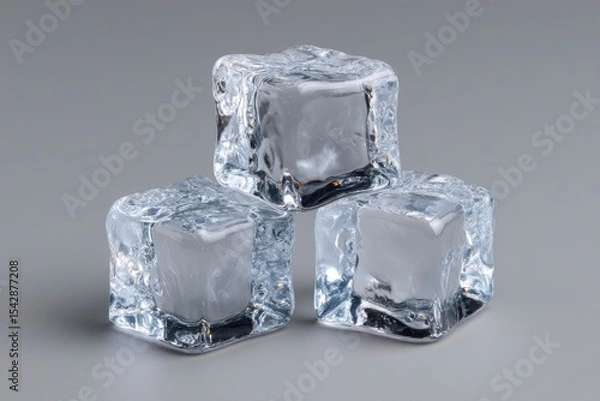 Fototapeta Three ice cubes stacked in a pyramid shape set against a neutral gray background