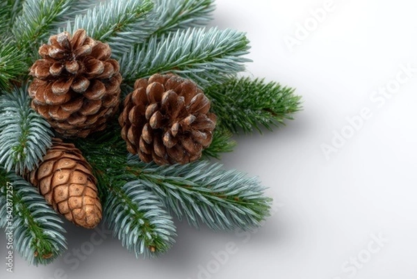 Fototapeta Three pine cones and several evergreen branches against a white background