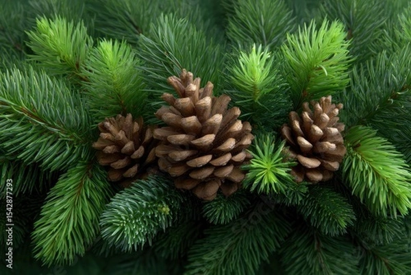 Fototapeta Three pinecones are nestled within the verdant needles of a coniferous tree branch
