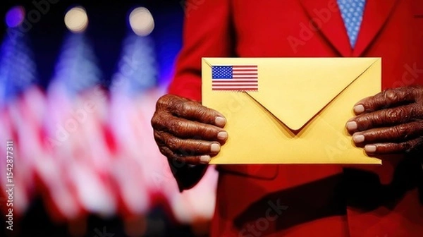 Fototapeta Man holds a letter in front of flags