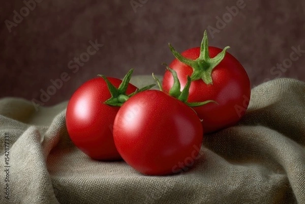 Fototapeta Three red tomatoes sit on a light brown wrinkled cloth with a blurred brown backdrop