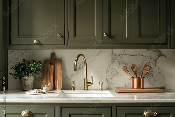 Fototapeta Minimalist kitchen with olive green cabinets, white marble countertop, and brass faucet. The scene includes an empty space above the counter for product placement.