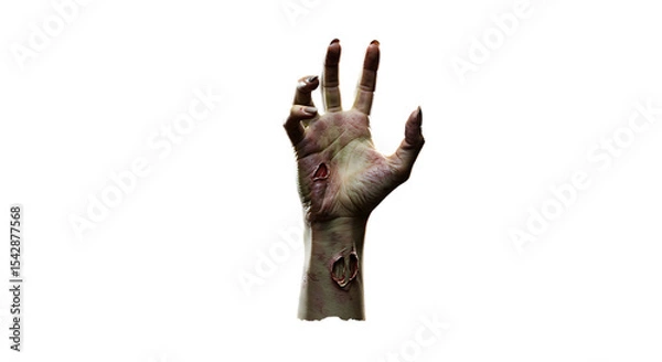 Fototapeta Realistic zombie hand with exposed flesh and dark background halloween concept