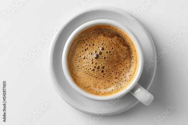 Fototapeta Topdown view of a white coffee cup with foam atop a white saucer on a white surface