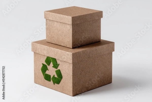 Fototapeta Two brown boxes are stacked atop a white surface the bottom one marked with a green recycle logo