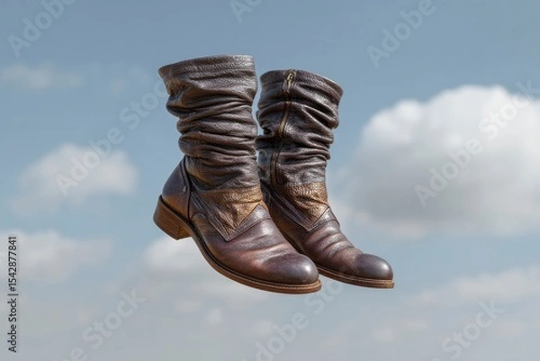Fototapeta Two brown leather boots one with a zipper float in the air against a cloudy sky