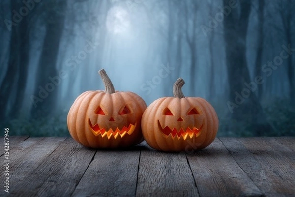 Fototapeta Two carved pumpkins with smiling faces glowing against a foggy forest backdrop
