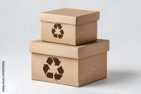 Fototapeta Two cardboard boxes with recycle symbols stacked on a light grey surface