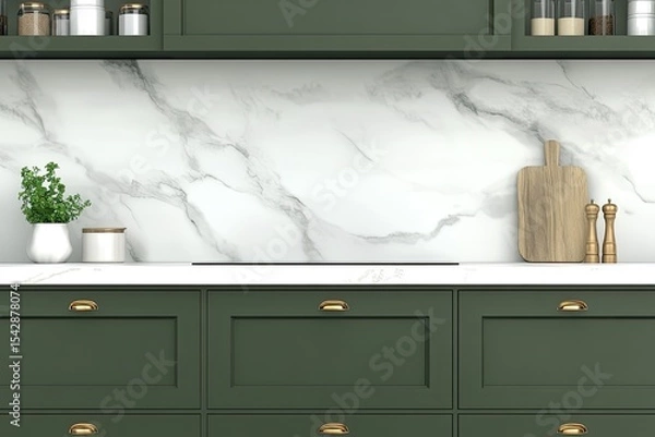 Fototapeta Minimalist kitchen with olive green cabinets, white marble countertop, and brass faucet. The scene includes an empty space above the counter for product placement.