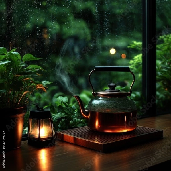 Fototapeta Warm, rainy evening by the window with a steaming tea kettle