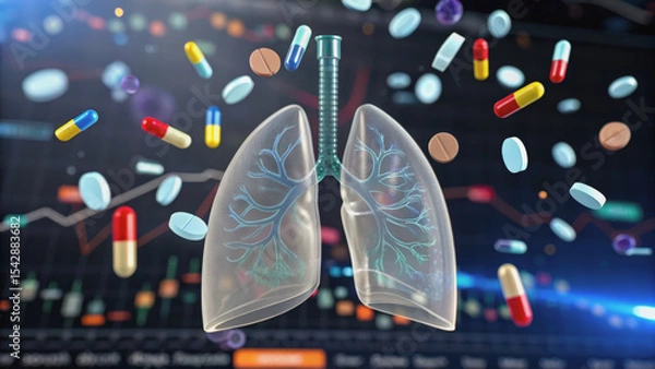 Fototapeta Transparent lungs with bronchial tubes surrounded by floating colorful pills and capsules, against a blurred medical data background.