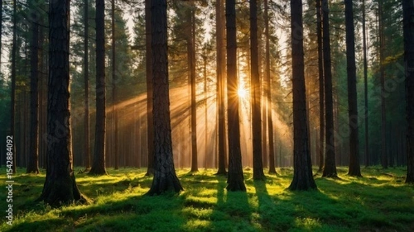 Obraz Sunlight streams through a dense forest.