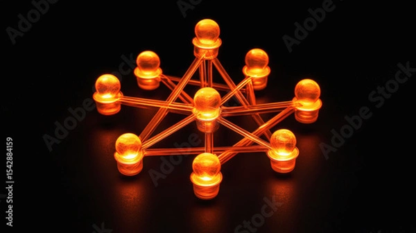 Fototapeta A glowing orange network of interconnected nodes forming a geometric molecular or technological structure on a dark background.