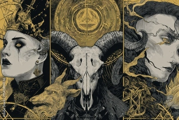 Fototapeta Intricate, detailed artwork featuring figures and symbolic imagery.