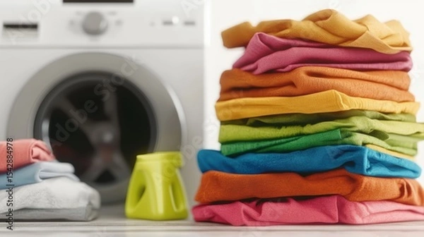 Obraz Laundry room with washing machine and neatly folded colorful clothes in a modern household setting