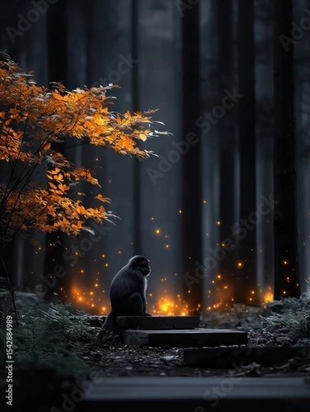 Fototapeta A monkey sits on a stone step in a mystical forest