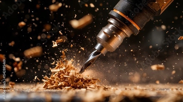 Obraz Close-up of a drill bit cutting through wood with flying wood shavings and sparks in a workshop