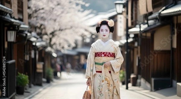 Obraz 春の京都・花街を歩く舞妓の優雅な姿