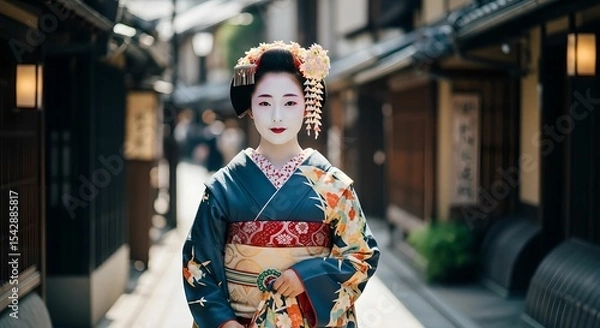 Obraz 花街を歩く舞妓の優雅な姿