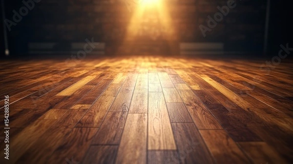 Obraz Empty wooden dance floor illuminated by warm golden sunlight with reflective polished surface and vibrant glow