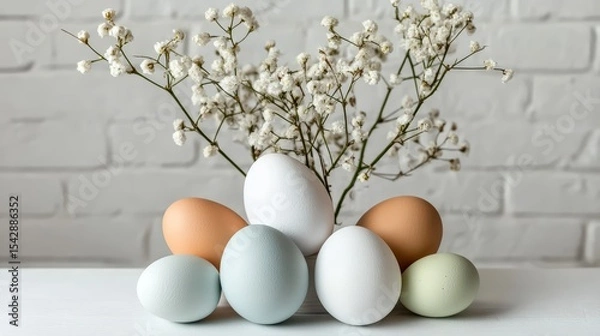 Obraz Elegant arrangement of white, brown, and pastel eggs with delicate white flowers on rustic white brick wall background