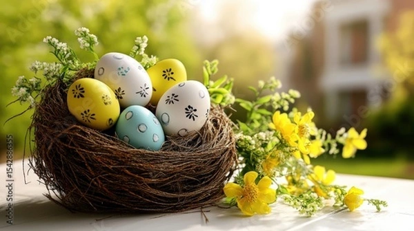 Obraz Decorative bird's with colorful Easter eggs and yellow sp flowers on bright sunny outdoor background