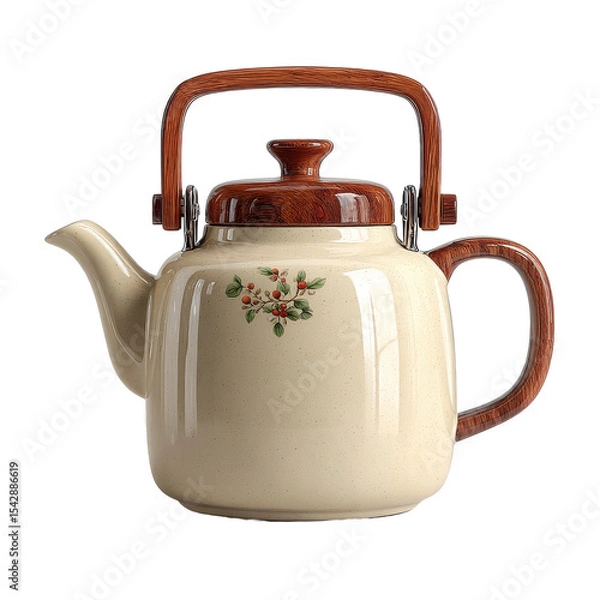 Obraz Ceramic teapot with wooden handle and floral decoration on transparent background