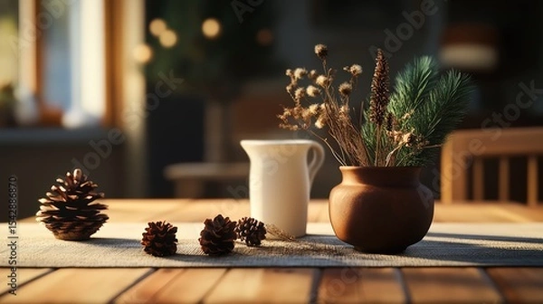 Obraz Cozy holiday decoration scene featu pine cones, a ceramic pitcher, and a floral arrangement in a warm kitchen setting