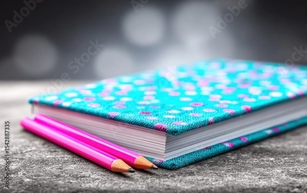Fototapeta Teal-and-pink patterned notebook with pencils